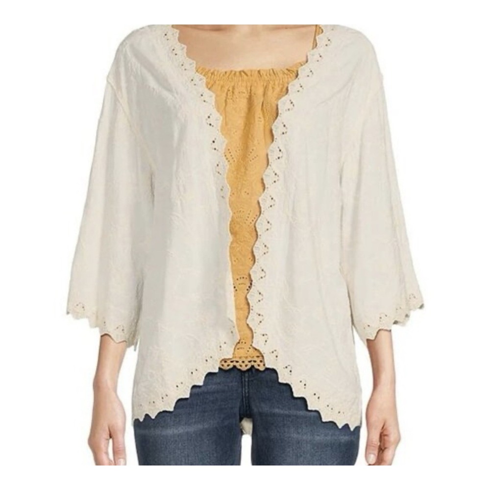 Democracy Embroidered Kimono Shrug MP Ivory Cream 3/4 Sleeve Open Front